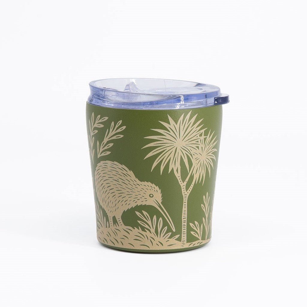 100% New Zealand Woodcut Kiwi small coffee cup in olive green