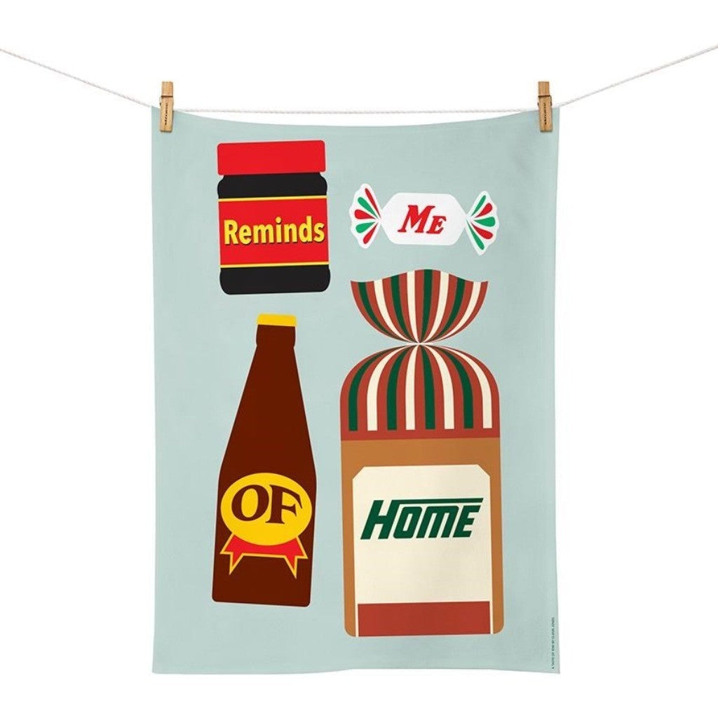 Glenn Jones Taste of Kiwi Tea Towel hanging on a line