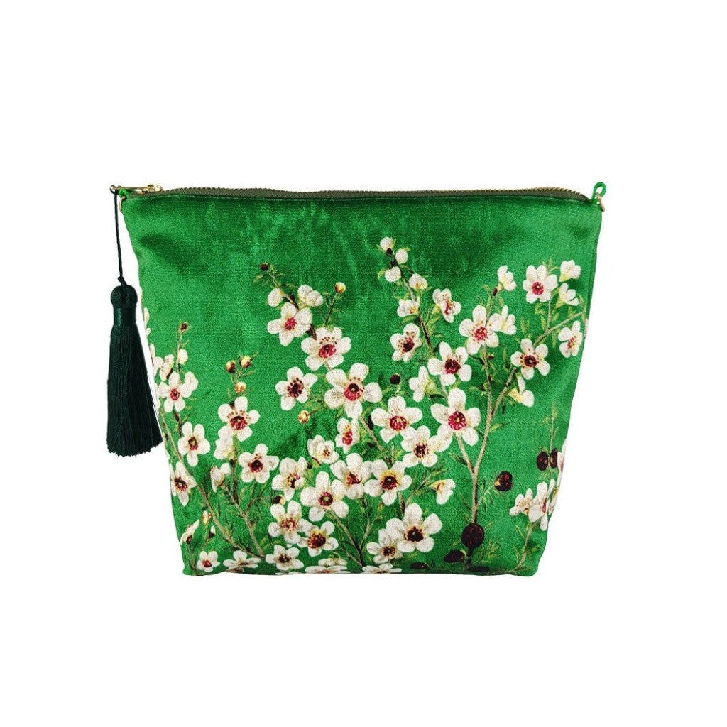Manuka Flower Velvet Cosmetic Bag with green tassel