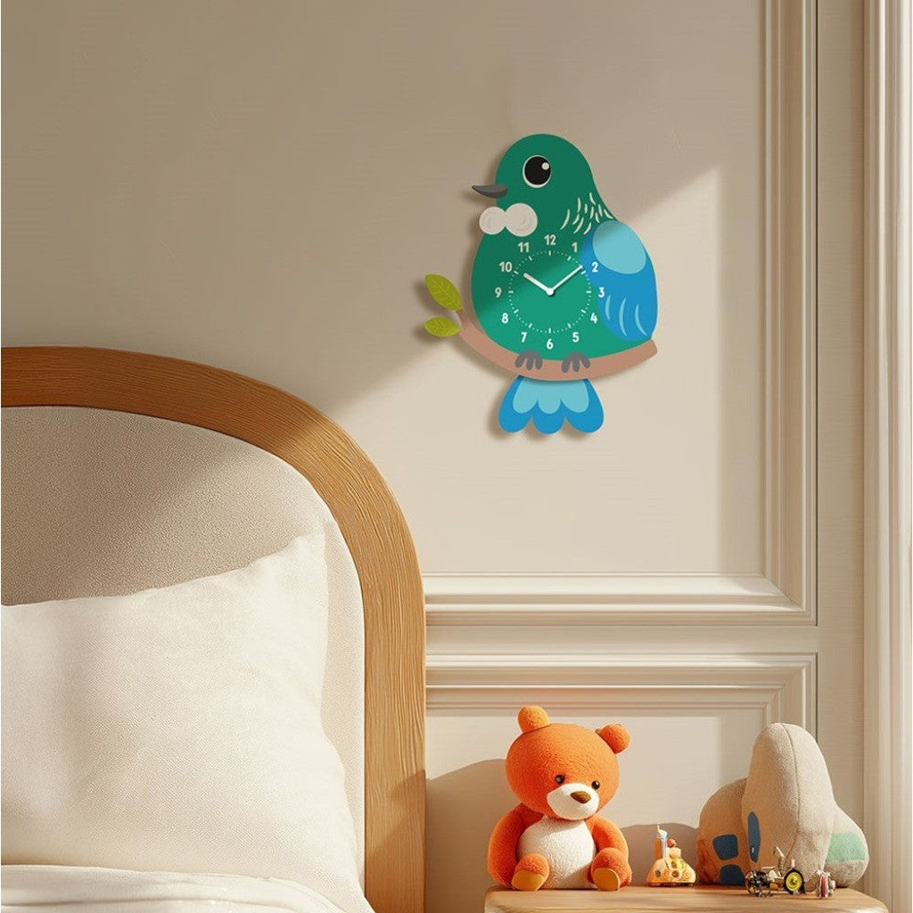 Tamati the Tui Wobble Clock on a bedroom wall