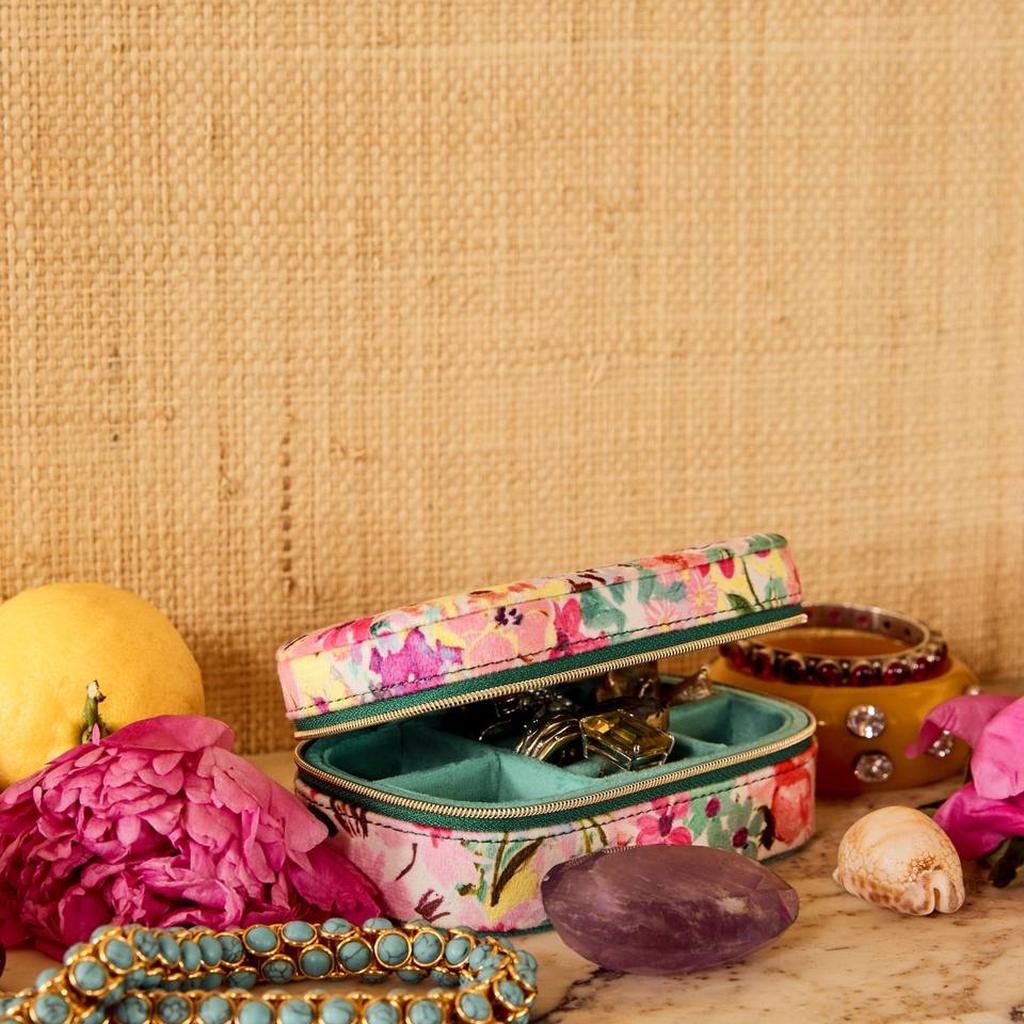 Alfresco jewellery box with lid half closed, holding gold jewellery