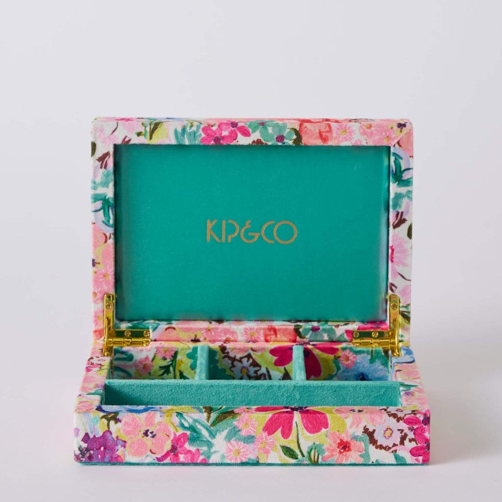 Alfresco small velvet jewellery box, front view on a grey background
