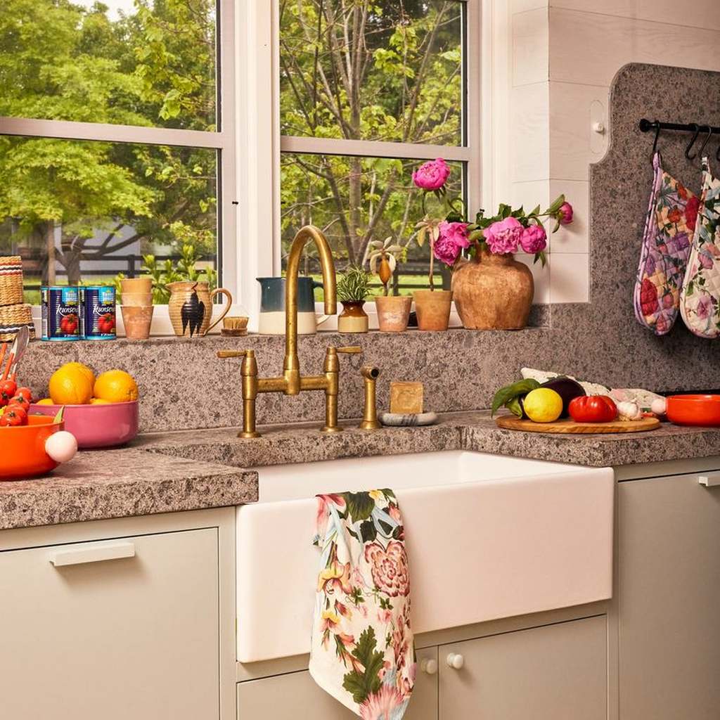 Belle Floral tea towel hanging on a farmhouse kitchen sink