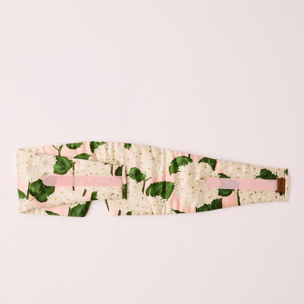 Back of the Hydrangea Pink block out eye mask showing the strap