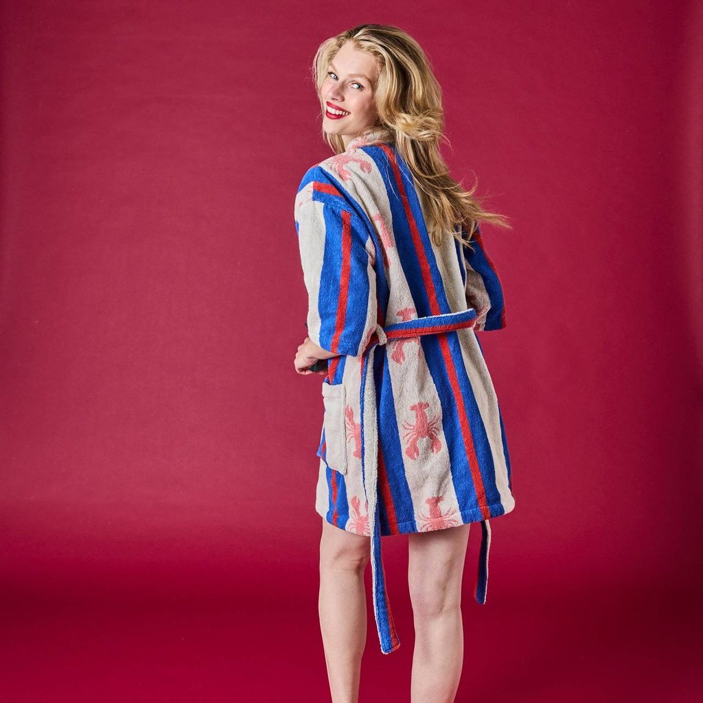Lobster Fan Club mini robe, back view on red