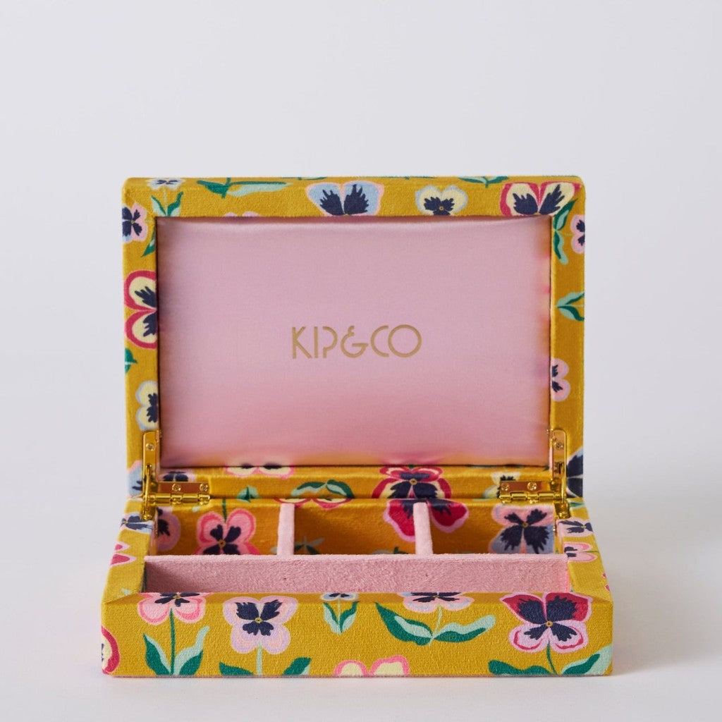 Pretty Pansy small jewellery box, front view on grey