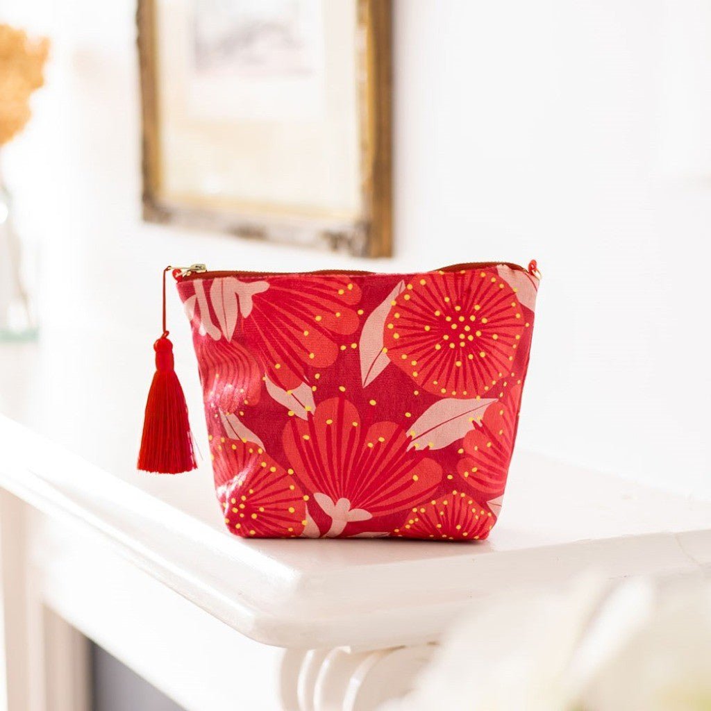 Bright Botanical Pohutukawa Velvet Cosmetic Bag - Cove. Beach Essentials