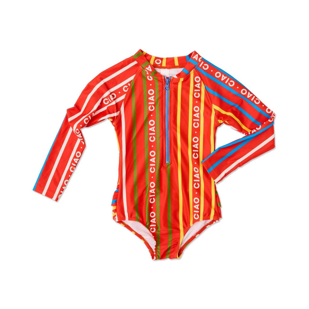 Kip & Co Ciao Stripe kids long sleeve one-piece bathers in red and orange stripe