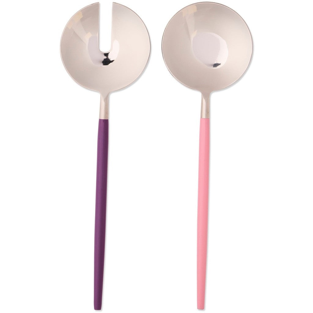 Kip & Co Diner Radiance salad servers with white bowls, one purple and one pink handle