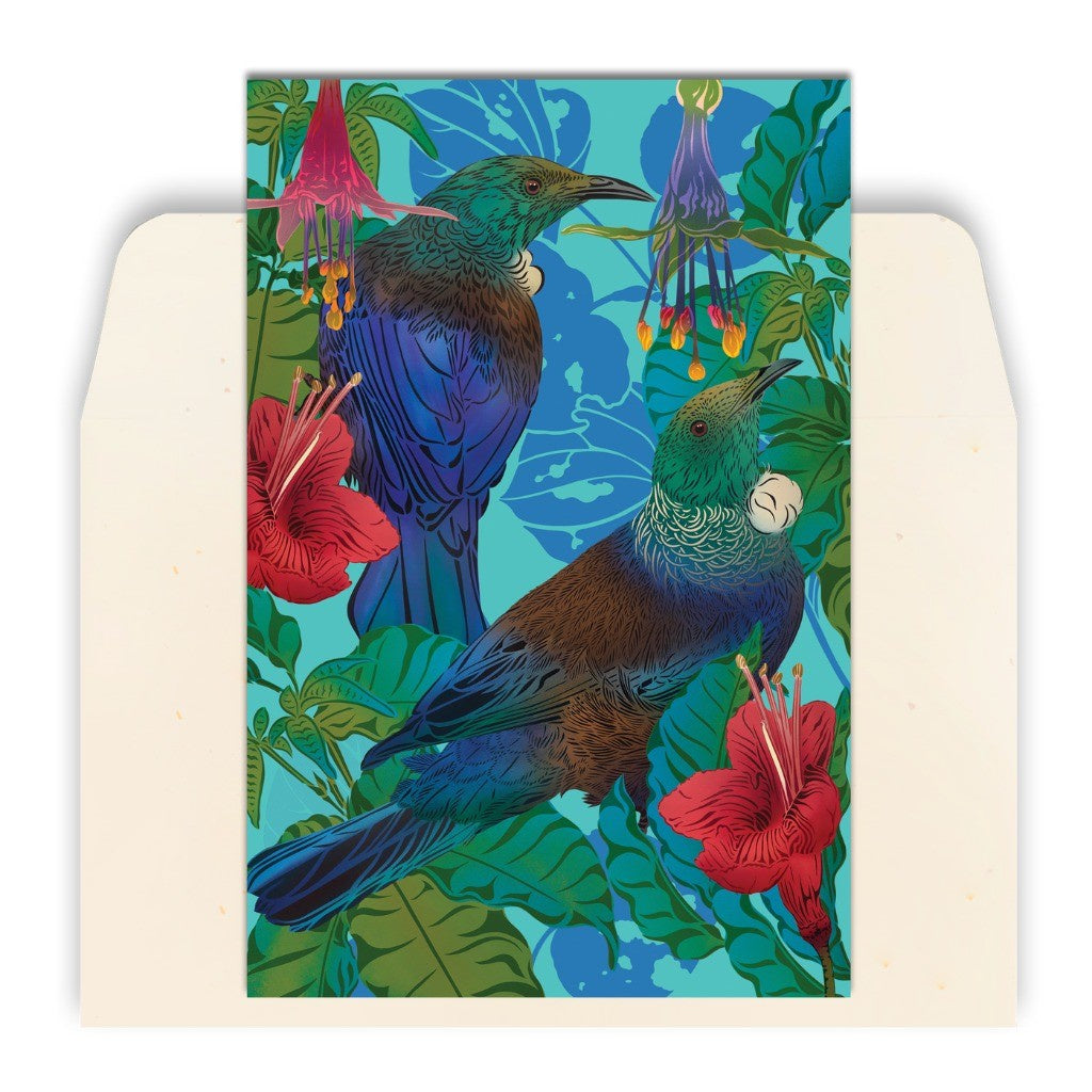 FLOX Tūī & Pūriri greeting card front with envelope