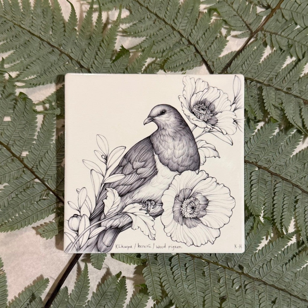 Katy Hayward Kererū coaster on fern fronds