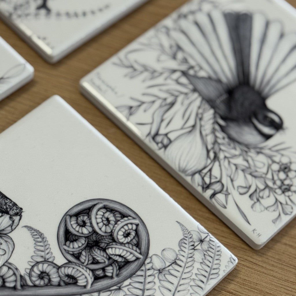 Katy Hayward fantail coaster with other designs in the range