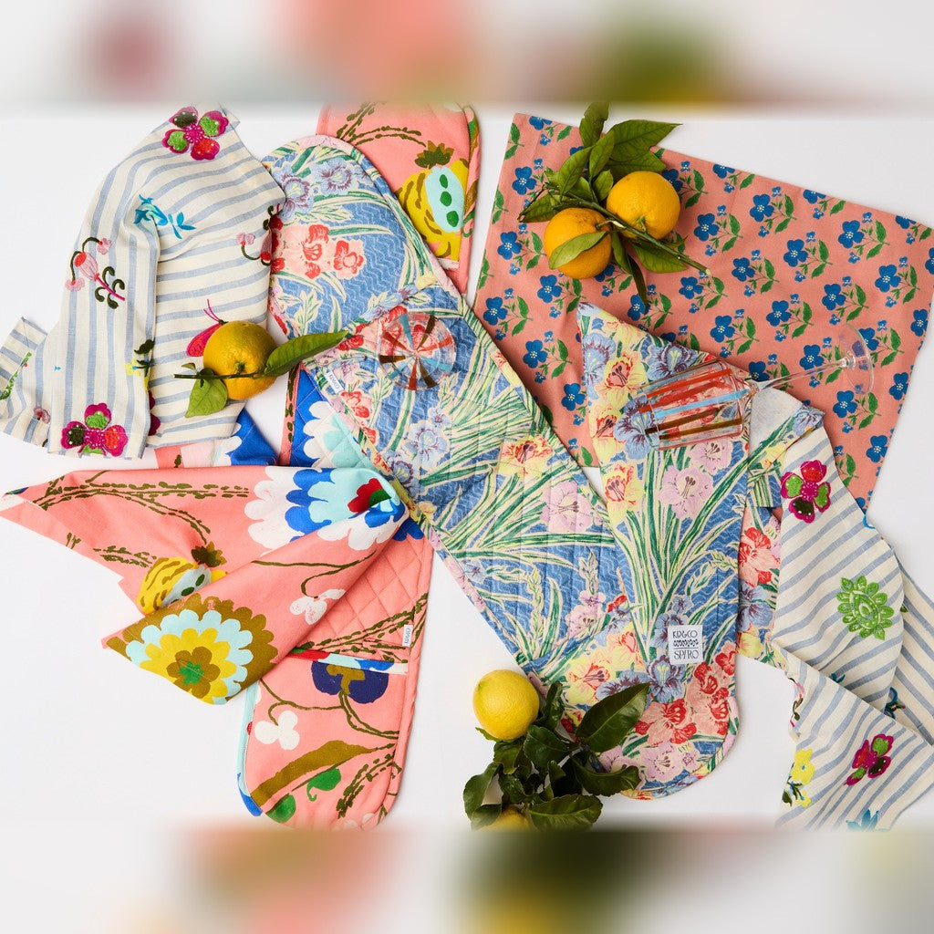Kip & Co x Anna Spiro Gladiolus Double Oven Mitt with the matching tea towel and lemons