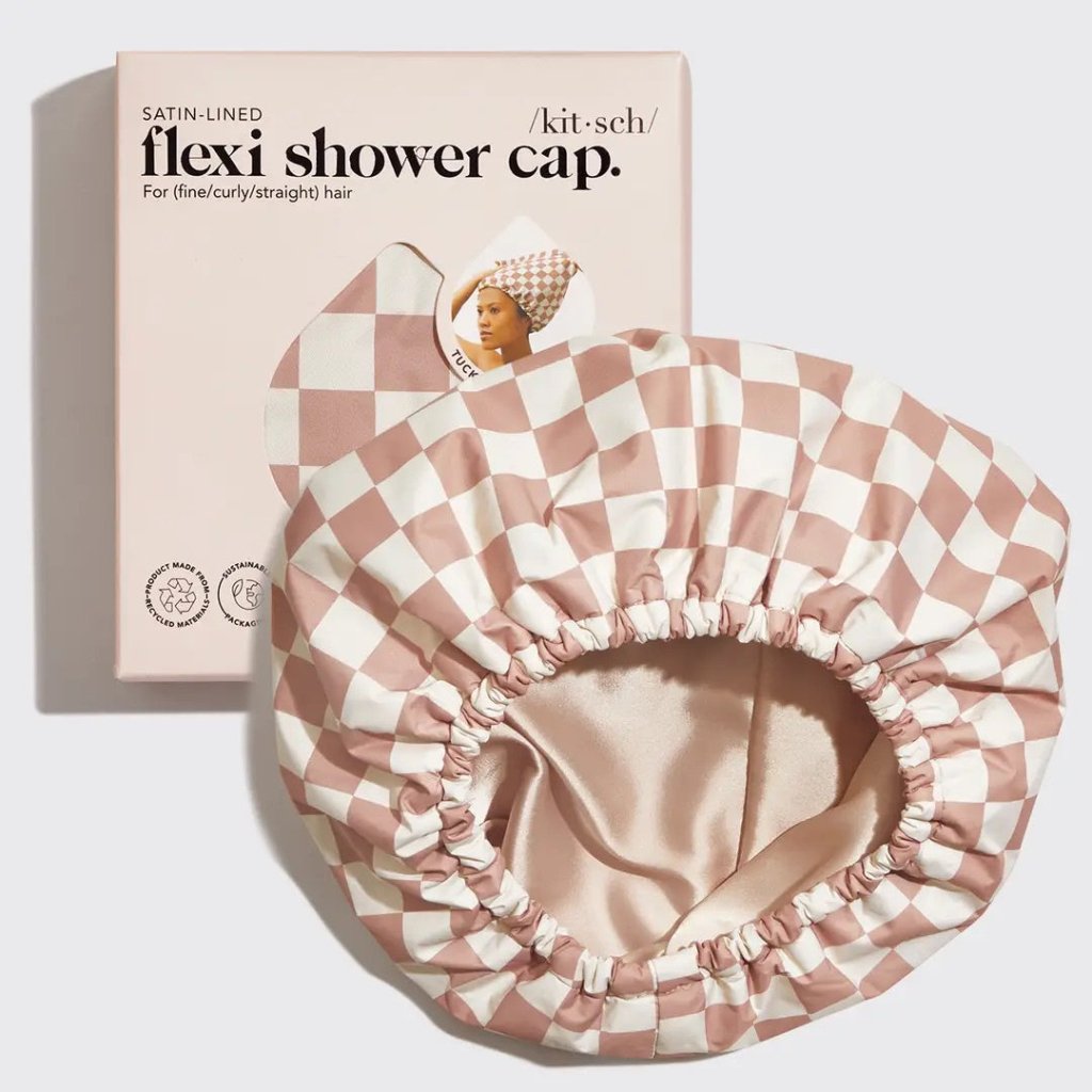 KITSCH | Satin Lined Flexi Shower Cap - Terracotta Checker - Cove. Beach Essentials