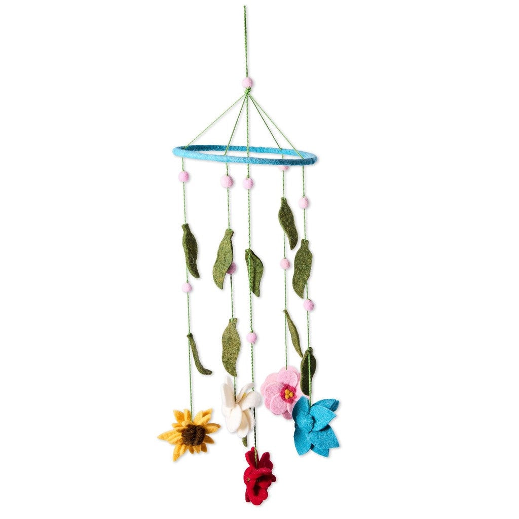 Kip & Co Little Flowers felted wool mobile with felt flowers and leaves on a teal hoop