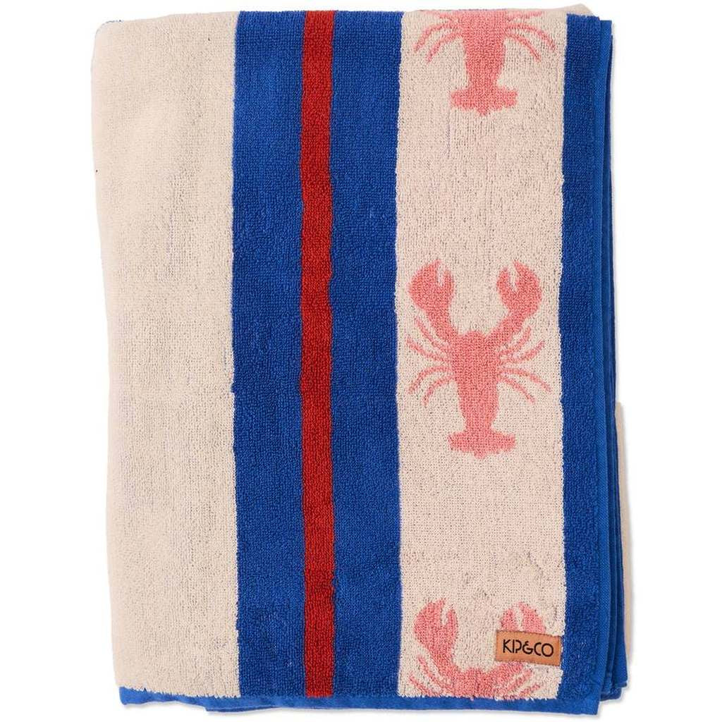 Kip & Co Lobster Fan Club terry beach towel, folded, with stripes and pink lobsters