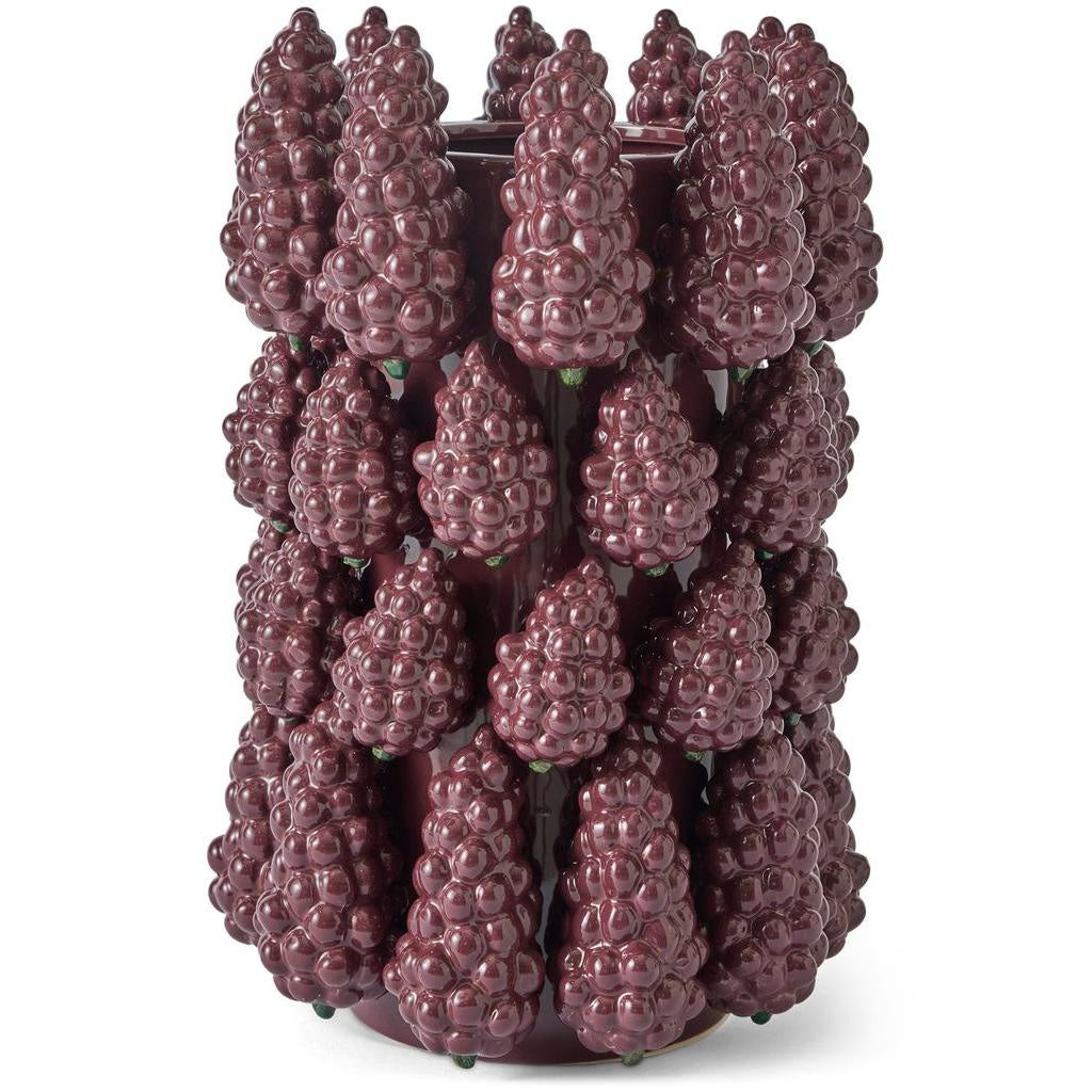 Kip & Co Merlot vase covered in sculpted burgundy pinecone shapes
