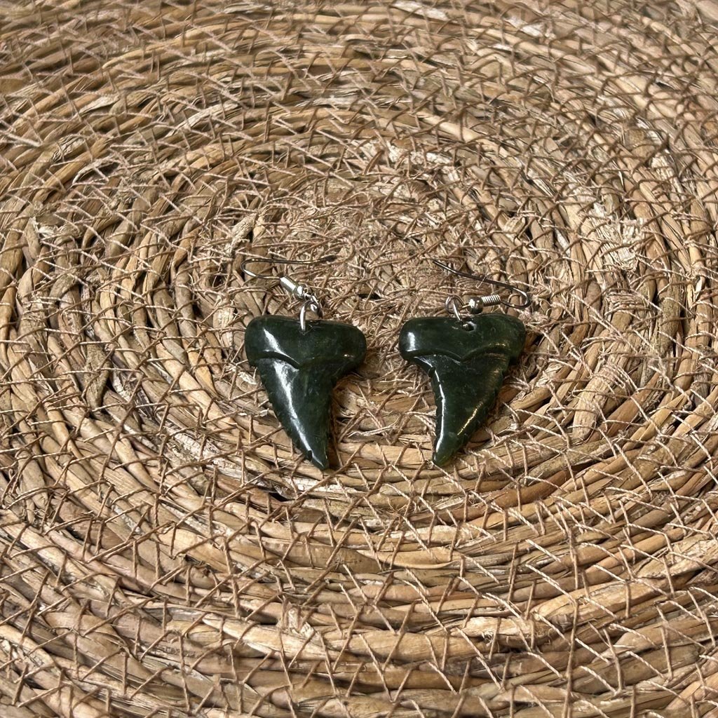 NZ Greenstone Pounamu | Dale Borland Sharks Tooth Earrings 30mm - Cove. Beach Essentials