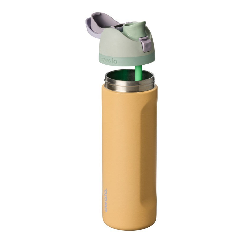 Owala FreeSip Water Bottle 710ml Beachfront with the lid and straw parts separated