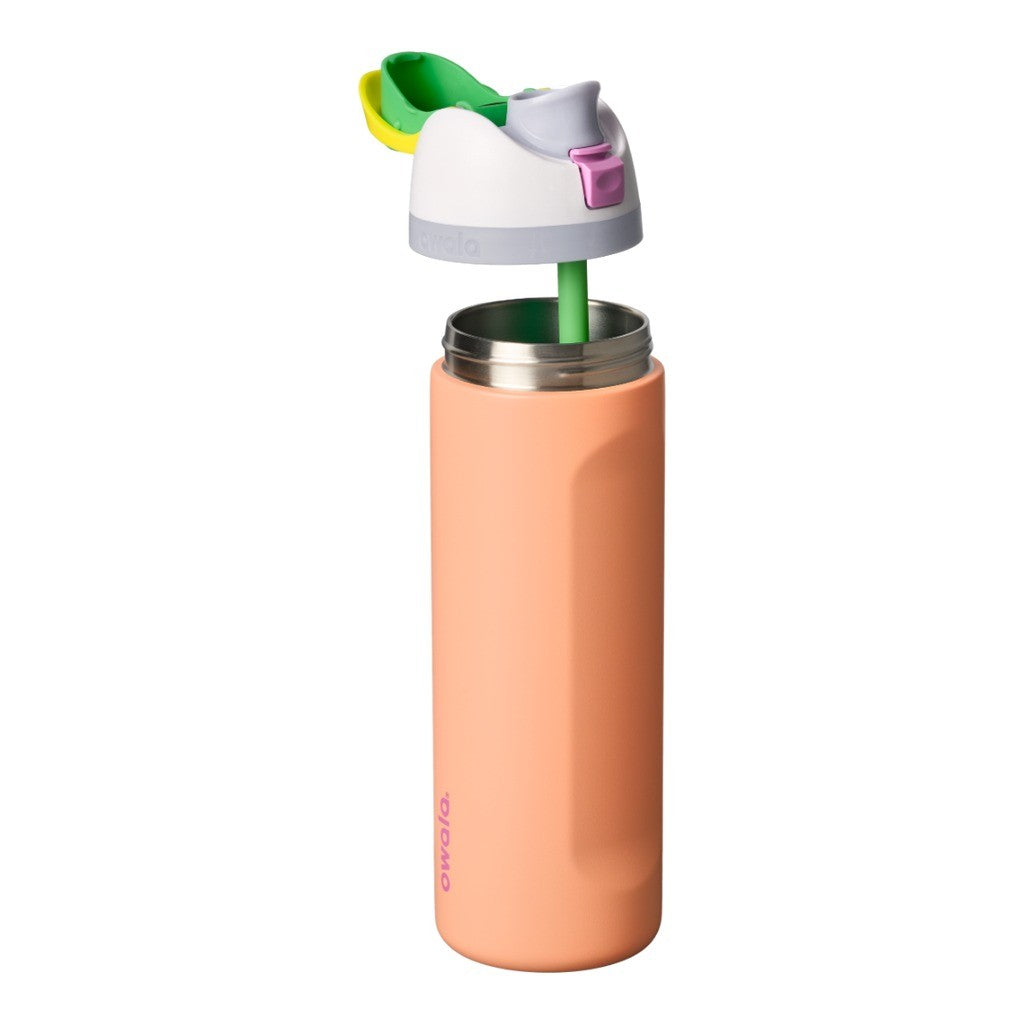 Owala FreeSip Water Bottle 710ml Peachy Keen with the lid and straw parts separated