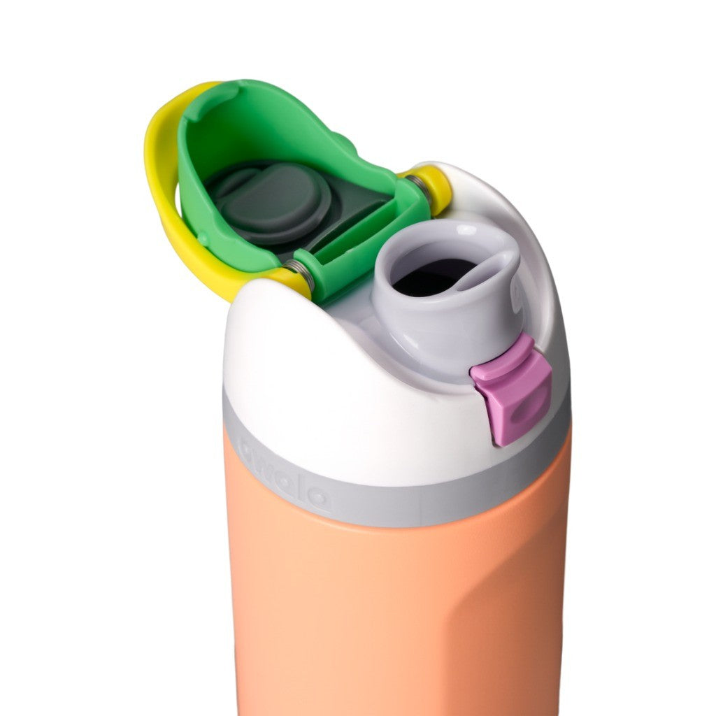 Owala FreeSip Water Bottle 710ml Peachy Keen lid open, showing the FreeSip spout