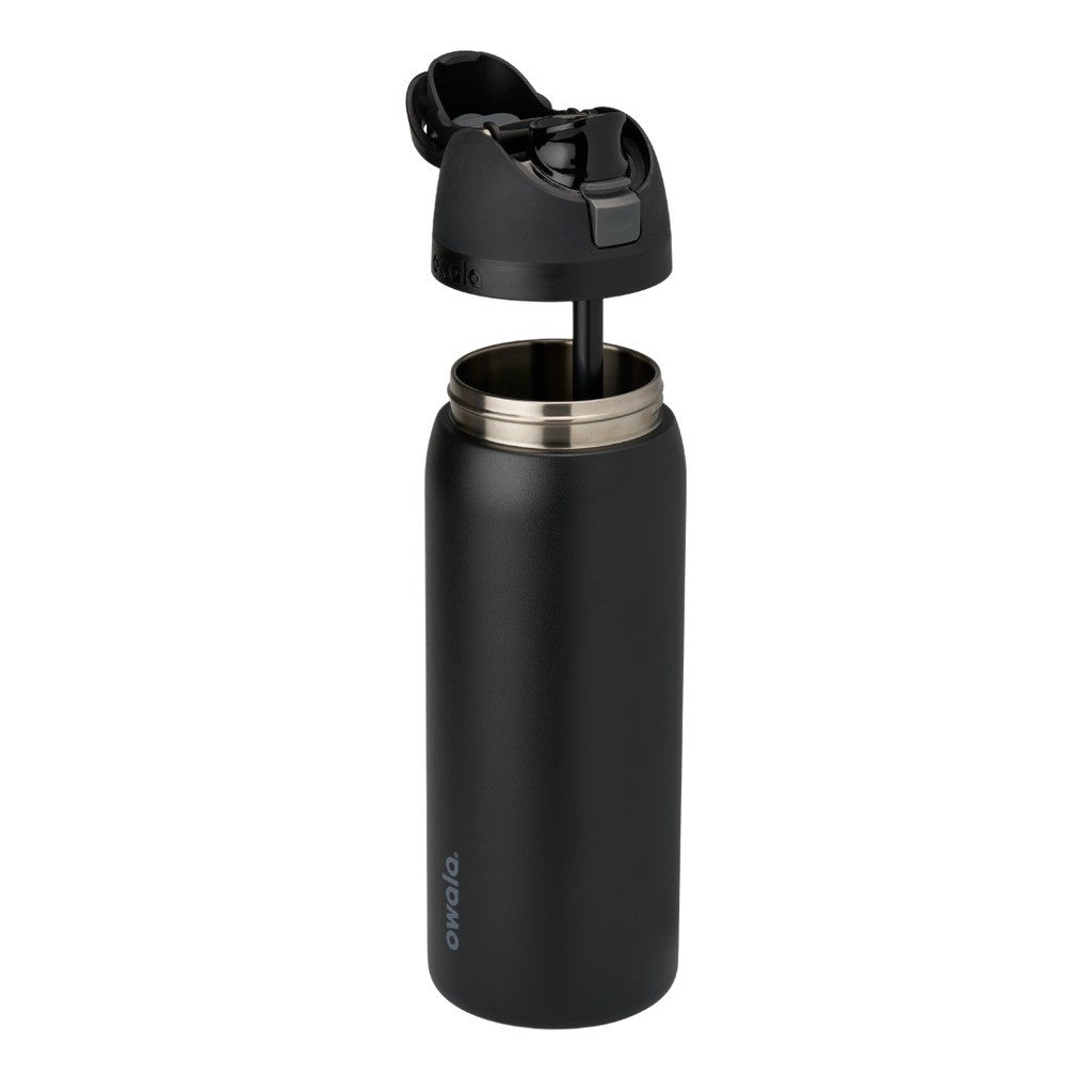 Owala FreeSip Water Bottle 945ml Very, Very Dark with the lid and straw parts separated