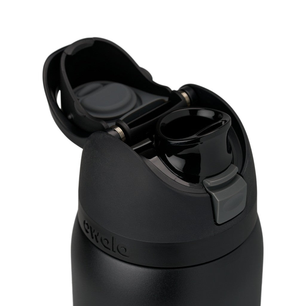 Owala FreeSip Water Bottle 945ml Very, Very Dark lid open, showing the FreeSip spout