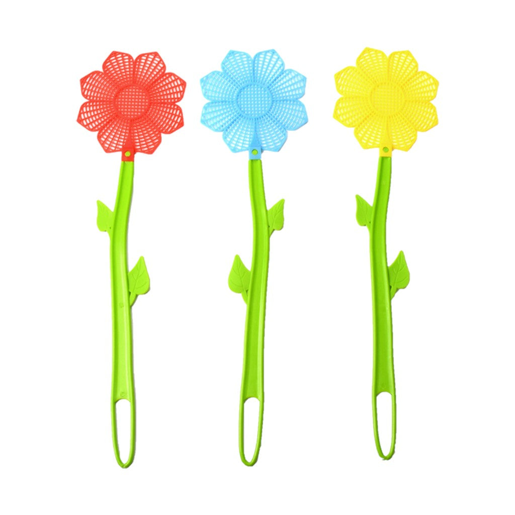Three flower fly swats in red, blue and yellow
