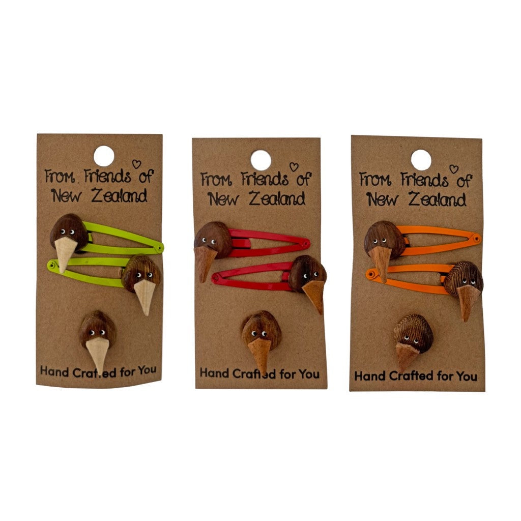 Three kiwi hair clip sets on their gift cards
