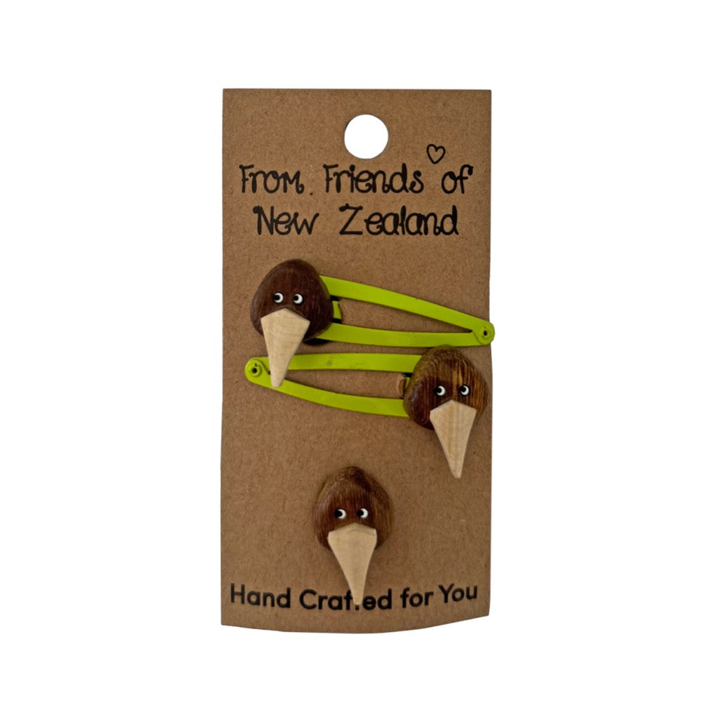 Kiwi hair clip set on a gift card, green and brown