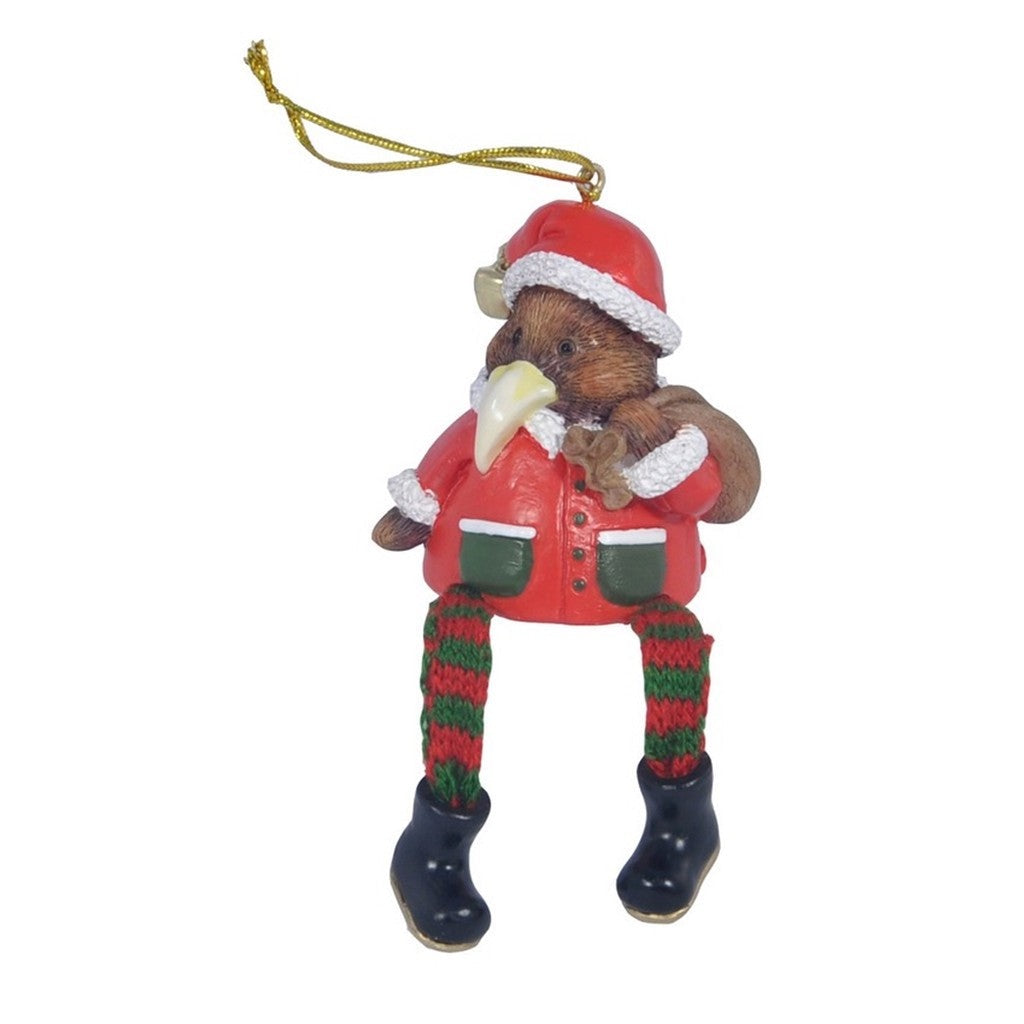 Kiwi with bag Christmas ornament in a Santa hat
