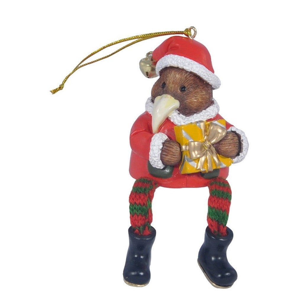 Kiwi with gift Christmas ornament in a Santa hat