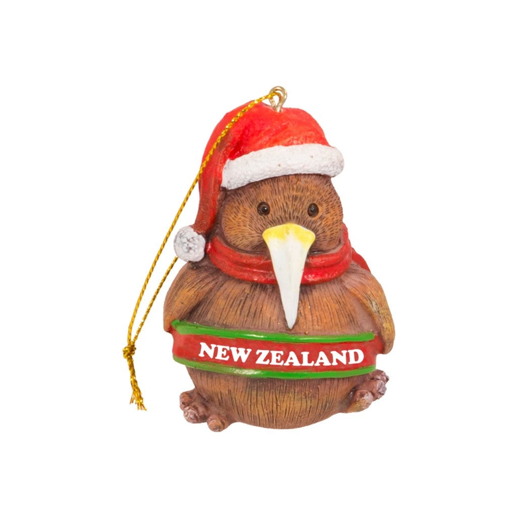 Kiwi Christmas ornament in a Santa hat with New Zealand band