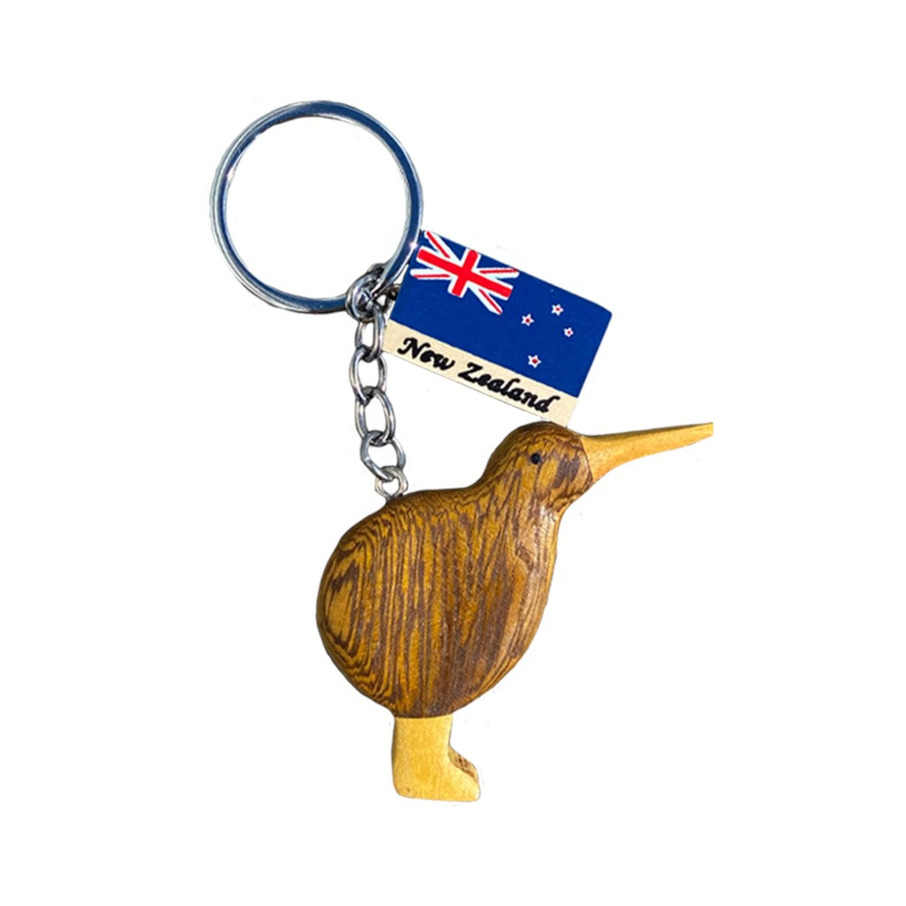 Wooden kiwi keyring with New Zealand flag tag