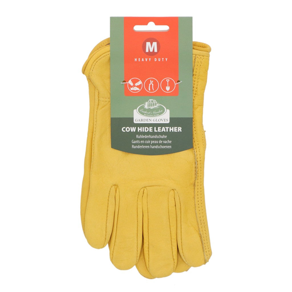 Yellow leather gardening glove in packaging, size medium