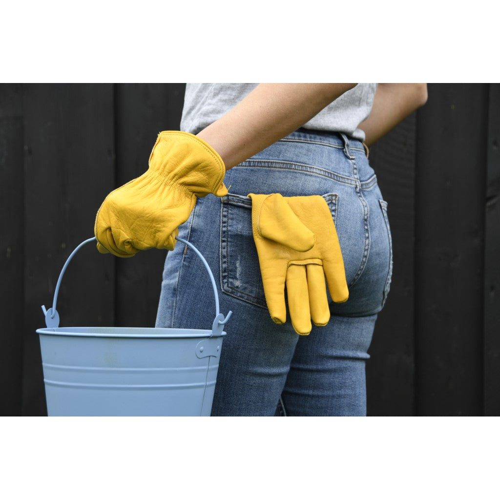 Yellow leather gardening gloves with a bucket