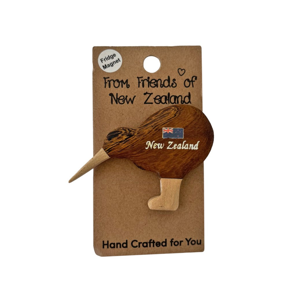 Wooden kiwi magnet on gift card, alternate design