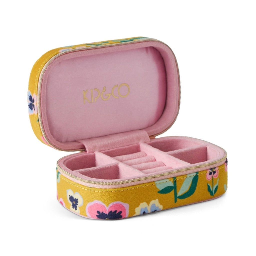 Kip & Co Pretty Pansy travel velvet jewellery box, open with pink compartments