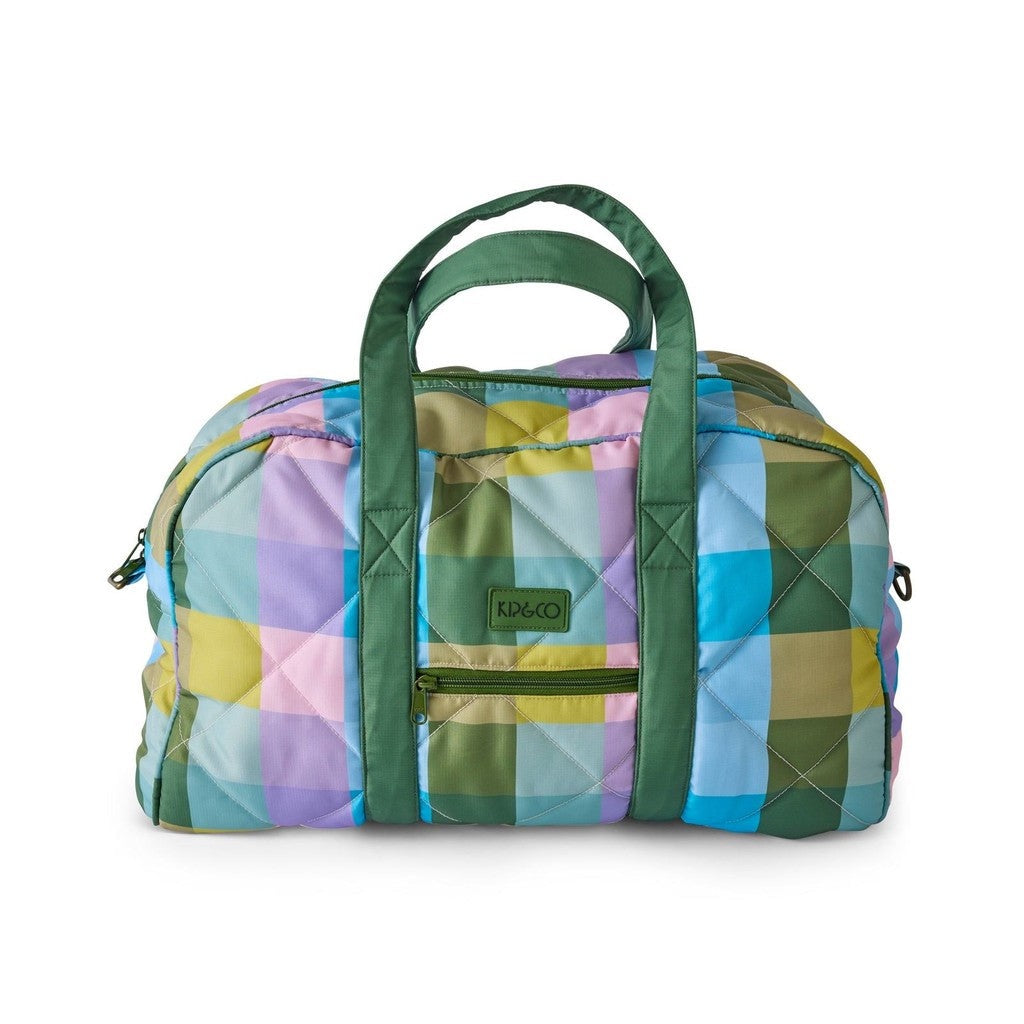 Kip & Co Sorbet Tartan quilted duffle bag in pastel check with green handles