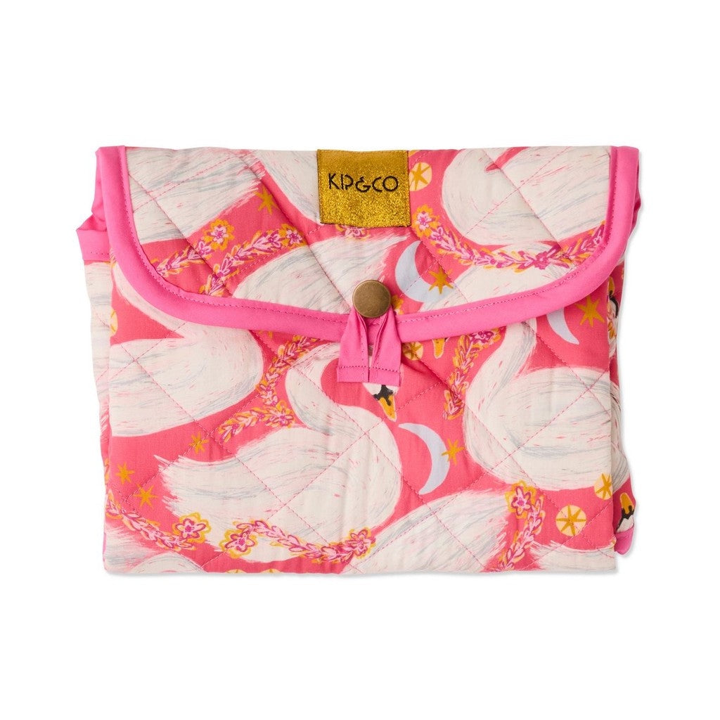 Kip & Co Swanette quilted baby change mat, folded, pink with white swans