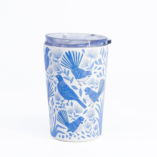 100% New Zealand Birdsong Blues large coffee cup with tui and fantail design