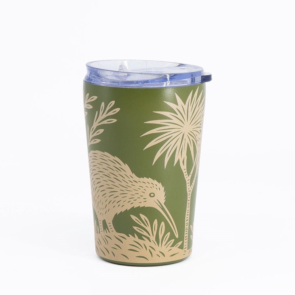 100% New Zealand Woodcut Kiwi large coffee cup in olive green