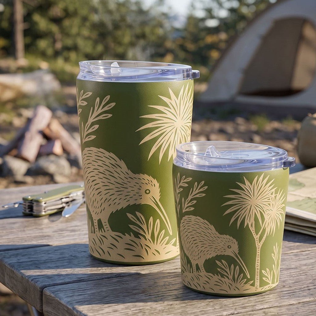 100% New Zealand Woodcut Kiwi small coffee cup in olive green