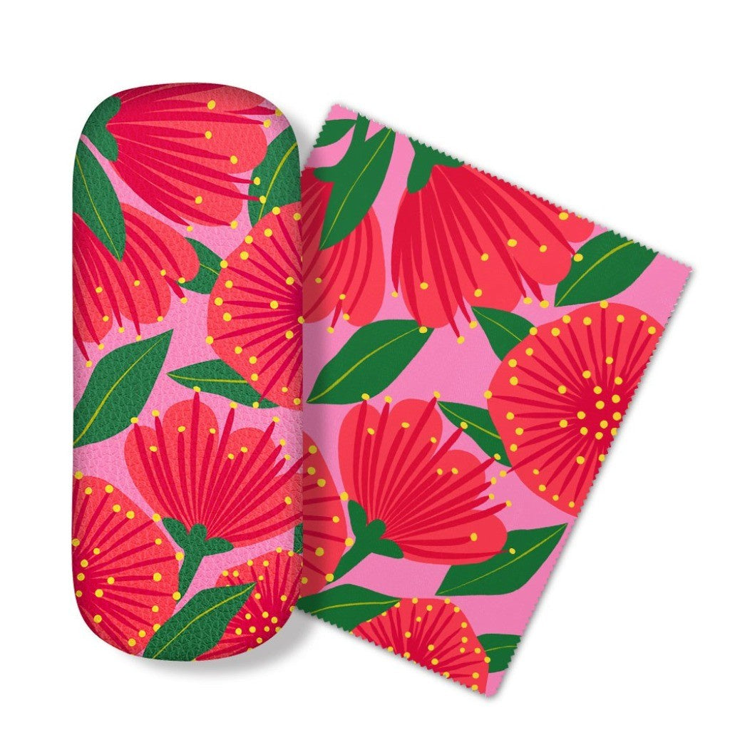 Bright Botanical Pink Pohutukawa Glasses Case with lens cloth