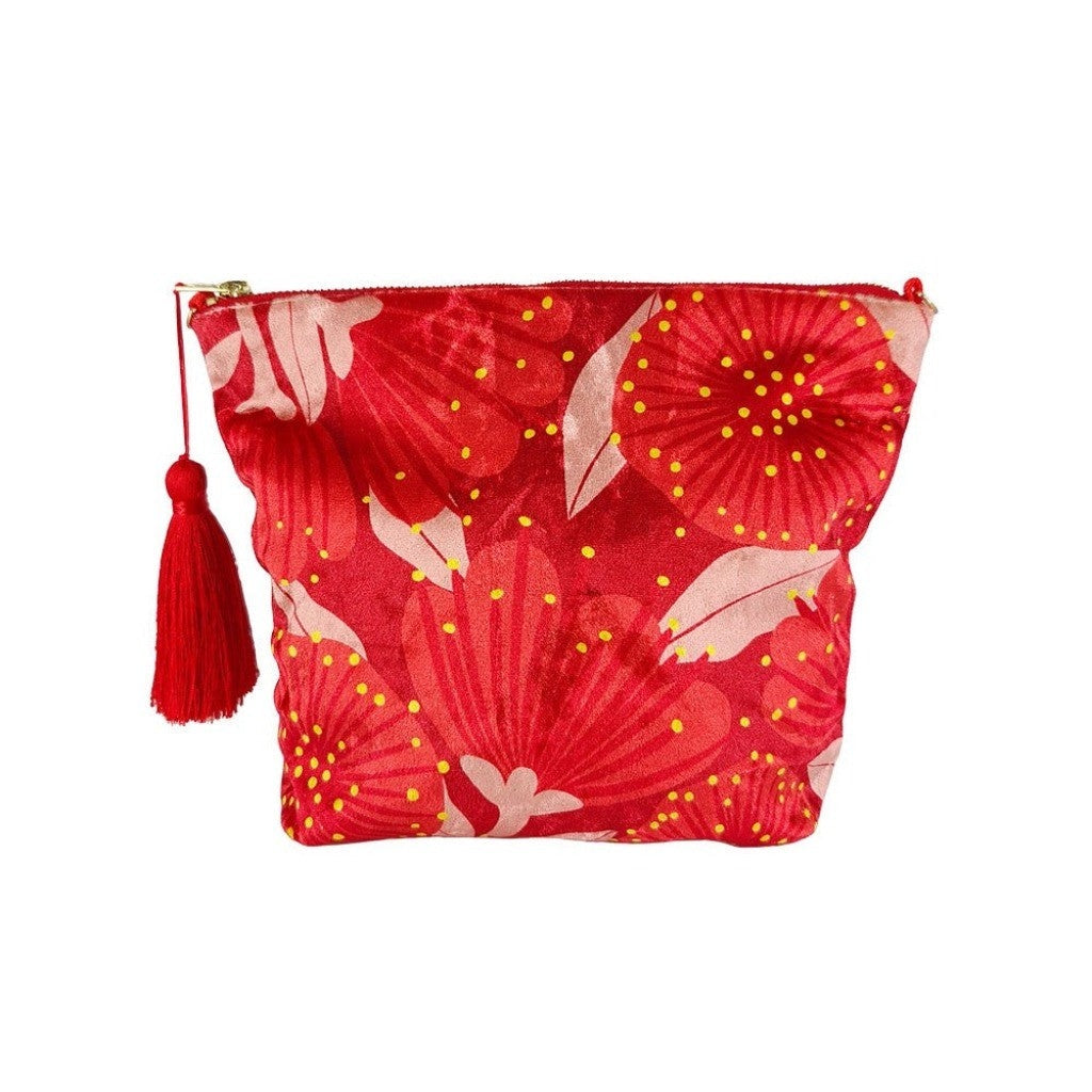 Bright Botanical Pohutukawa Velvet Cosmetic Bag with red tassel