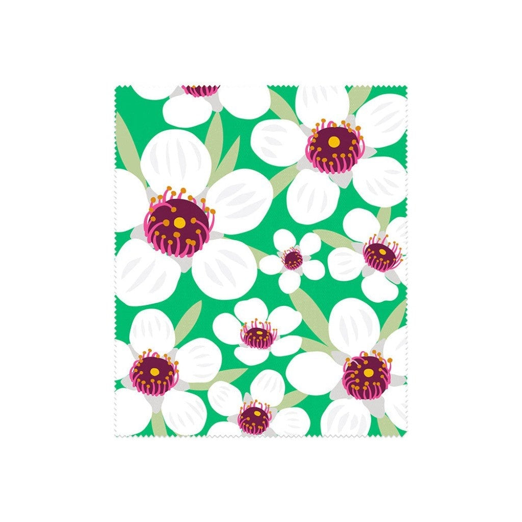 Bright Manuka Lens Cloth with white manuka flowers on green