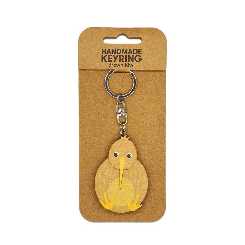 Brown Kiwi Wooden Keyring on its backing card
