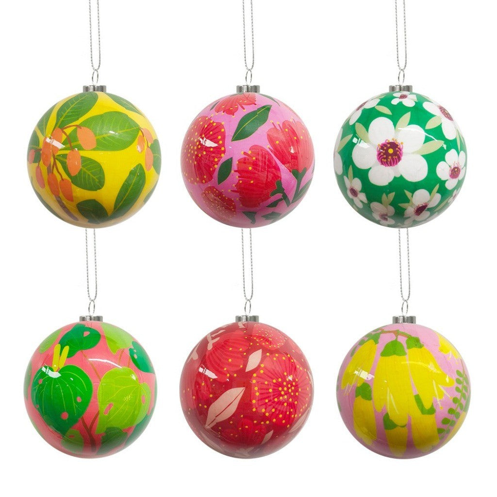 Six NZ Botanical Christmas Baubles hanging