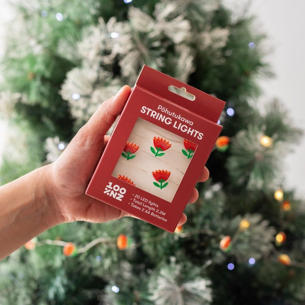 Pohutukawa LED Lights box held by a Christmas tree