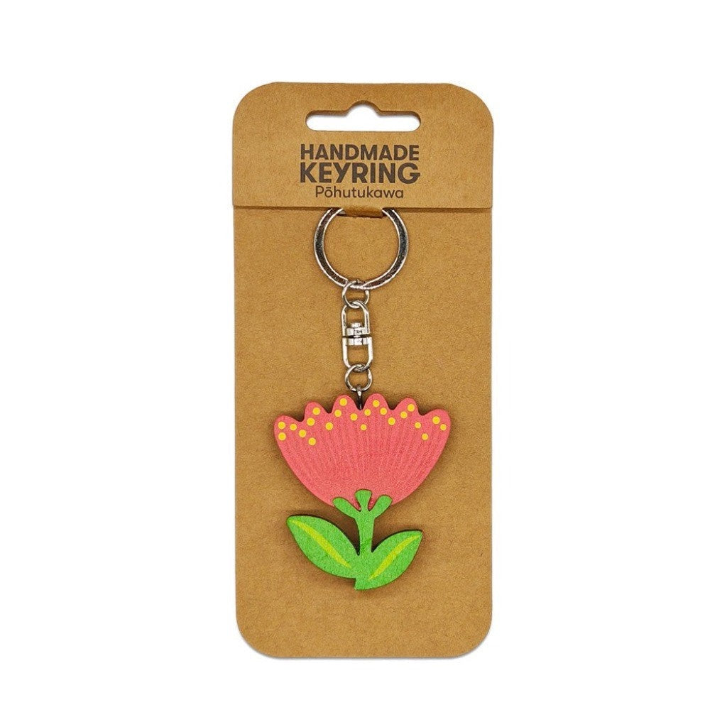 Pohutukawa Wooden Keyring on its backing card